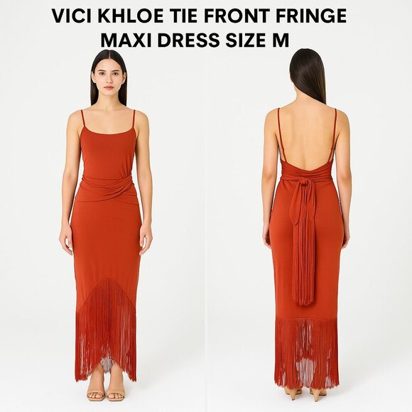 VICI Khloe Fringe Maxi Dress Rust Red Size M - Picture 1 of 13